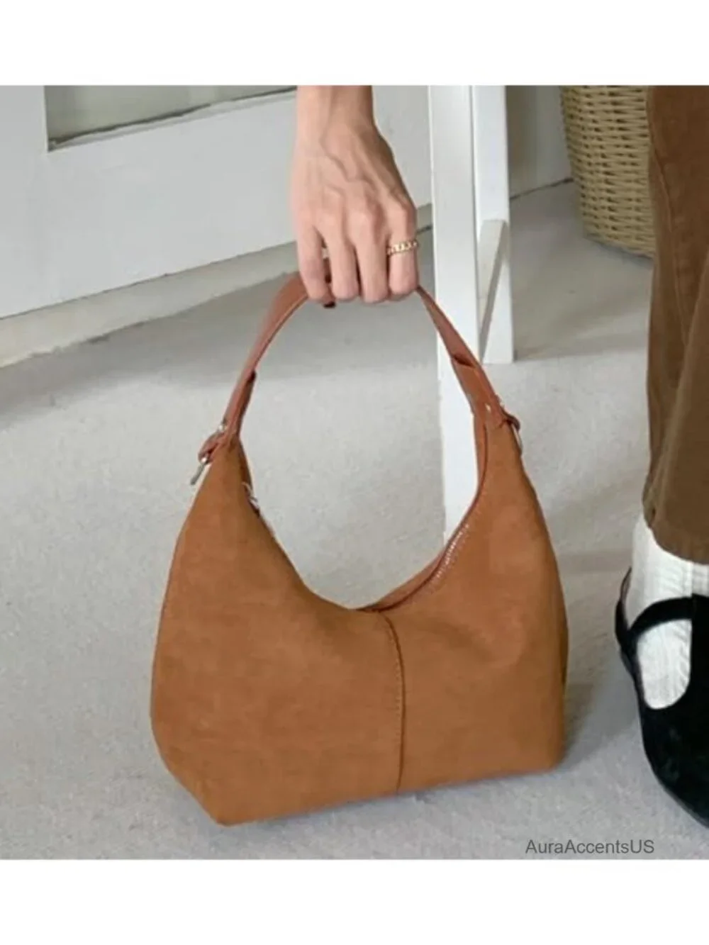 Suede Crescent Bag Women Retro Slouchy Shoulder Tote Work Handbag